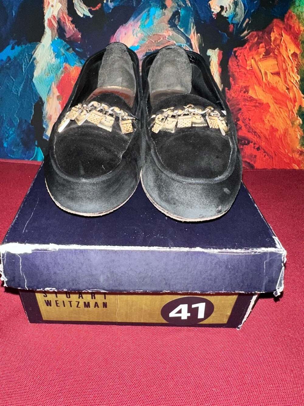 No.41 Stuart Weitzman Black Suede Mini Handbag Charm Chain Loafers Size 7.5